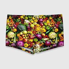 Мужские купальные плавки 3D с принтом Свежие овощи и фрукты в Петрозаводске, Полиэстер 85%, Спандекс 15% |  | 
