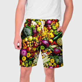 Мужские шорты 3D с принтом Свежие овощи и фрукты в Петрозаводске,  полиэстер 100% | прямой крой, два кармана без застежек по бокам. Мягкая трикотажная резинка на поясе, внутри которой широкие завязки. Длина чуть выше колен | 
