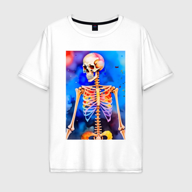 Мужская футболка хлопок Oversize с принтом Красочный скелет акварелью   нейросеть в Курске, 100% хлопок | свободный крой, круглый ворот, “спинка” длиннее передней части | 