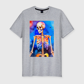 Мужская футболка хлопок Slim с принтом Красочный скелет акварелью   нейросеть в Петрозаводске, 92% хлопок, 8% лайкра | приталенный силуэт, круглый вырез ворота, длина до линии бедра, короткий рукав | 