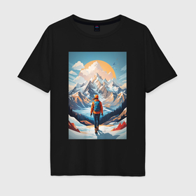 Мужская футболка хлопок Oversize с принтом Альпинист в Горах , 100% хлопок | свободный крой, круглый ворот, “спинка” длиннее передней части | Тематика изображения на принте: 