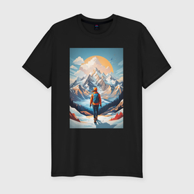 Мужская футболка хлопок Slim с принтом Альпинист в Горах в Курске, 92% хлопок, 8% лайкра | приталенный силуэт, круглый вырез ворота, длина до линии бедра, короткий рукав | 