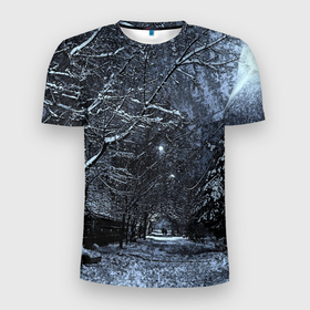 Мужская футболка 3D Slim с принтом Зимний пейзаж стилизация в Санкт-Петербурге, 100% полиэстер с улучшенными характеристиками | приталенный силуэт, круглая горловина, широкие плечи, сужается к линии бедра | 