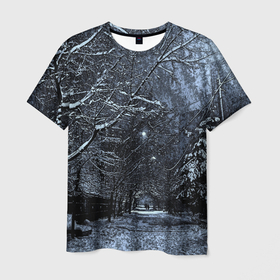 Мужская футболка 3D с принтом Зимний пейзаж стилизация в Санкт-Петербурге, 100% полиэфир | прямой крой, круглый вырез горловины, длина до линии бедер | 