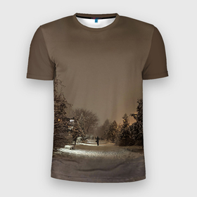 Мужская футболка 3D Slim с принтом Зимний пейзаж коричневый в Белгороде, 100% полиэстер с улучшенными характеристиками | приталенный силуэт, круглая горловина, широкие плечи, сужается к линии бедра | 
