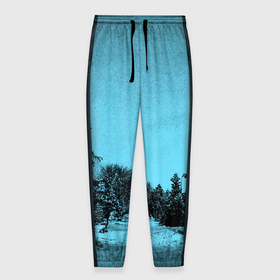 Мужские брюки 3D с принтом Зимний пейзаж бирюзовый в Петрозаводске, 100% полиэстер | манжеты по низу, эластичный пояс регулируется шнурком, по бокам два кармана без застежек, внутренняя часть кармана из мелкой сетки | 