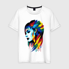 Мужская футболка хлопок с принтом Цветной профиль девушки в Санкт-Петербурге, 100% хлопок | прямой крой, круглый вырез горловины, длина до линии бедер, слегка спущенное плечо. | 