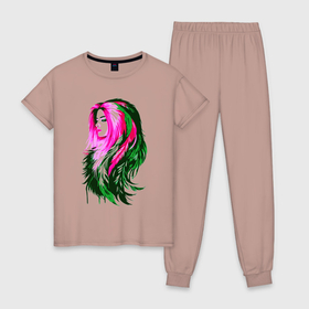 Женская пижама хлопок с принтом Девушка  цветными перьями в Петрозаводске, 100% хлопок | брюки и футболка прямого кроя, без карманов, на брюках мягкая резинка на поясе и по низу штанин | 