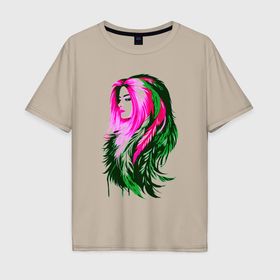Мужская футболка хлопок Oversize с принтом Девушка  цветными перьями в Кировске, 100% хлопок | свободный крой, круглый ворот, “спинка” длиннее передней части | 
