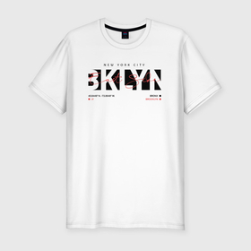Мужская футболка хлопок Slim с принтом Brooklyn, BKLYN в Санкт-Петербурге, 92% хлопок, 8% лайкра | приталенный силуэт, круглый вырез ворота, длина до линии бедра, короткий рукав | 