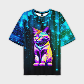 Мужская футболка oversize 3D с принтом Космический котёнок   звездопад в Екатеринбурге,  |  | 