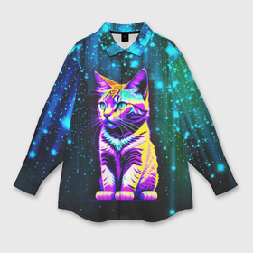 Мужская рубашка oversize 3D с принтом Космический котёнок   звездопад в Екатеринбурге,  |  | 