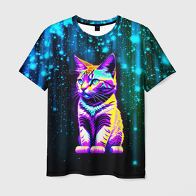Мужская футболка 3D с принтом Космический котёнок   звездопад в Екатеринбурге, 100% полиэфир | прямой крой, круглый вырез горловины, длина до линии бедер | 