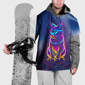 Накидка на куртку 3D с принтом Космический неоновый котик   нейросеть в Тюмени, 100% полиэстер |  | Тематика изображения на принте: 