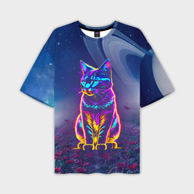 Мужская футболка oversize 3D с принтом Космический неоновый котик   нейросеть ,  |  | Тематика изображения на принте: 