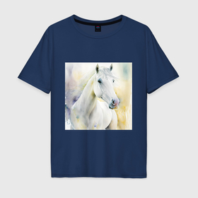 Мужская футболка хлопок Oversize с принтом Акварельная белая лошадь в Новосибирске, 100% хлопок | свободный крой, круглый ворот, “спинка” длиннее передней части | Тематика изображения на принте: 