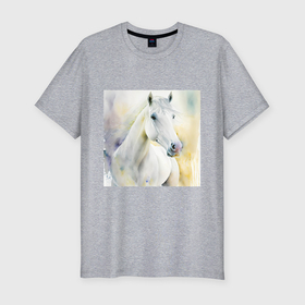 Мужская футболка хлопок Slim с принтом Акварельная белая лошадь в Петрозаводске, 92% хлопок, 8% лайкра | приталенный силуэт, круглый вырез ворота, длина до линии бедра, короткий рукав | 