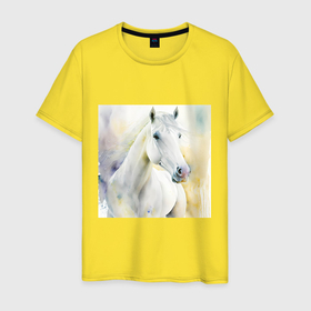 Мужская футболка хлопок с принтом Акварельная белая лошадь в Новосибирске, 100% хлопок | прямой крой, круглый вырез горловины, длина до линии бедер, слегка спущенное плечо. | Тематика изображения на принте: 