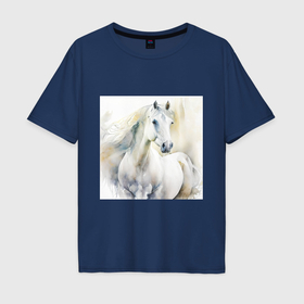 Мужская футболка хлопок Oversize с принтом Акварельный белый конь в Петрозаводске, 100% хлопок | свободный крой, круглый ворот, “спинка” длиннее передней части | Тематика изображения на принте: 