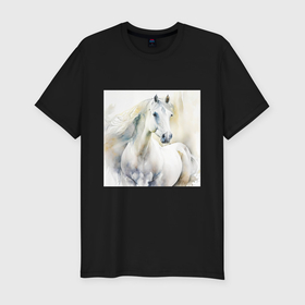 Мужская футболка хлопок Slim с принтом Акварельный белый конь в Петрозаводске, 92% хлопок, 8% лайкра | приталенный силуэт, круглый вырез ворота, длина до линии бедра, короткий рукав | Тематика изображения на принте: 