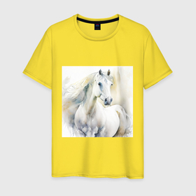 Мужская футболка хлопок с принтом Акварельный белый конь в Петрозаводске, 100% хлопок | прямой крой, круглый вырез горловины, длина до линии бедер, слегка спущенное плечо. | Тематика изображения на принте: 