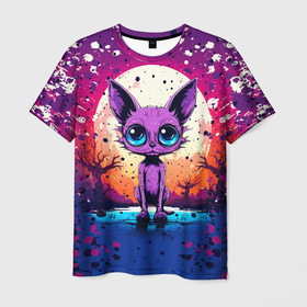 Мужская футболка 3D с принтом Фиолетовый кот   comics art style , 100% полиэфир | прямой крой, круглый вырез горловины, длина до линии бедер | Тематика изображения на принте: 