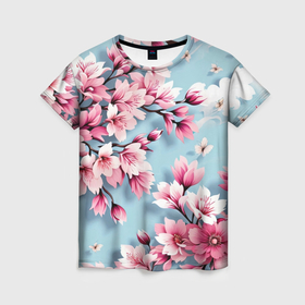 Женская футболка 3D с принтом Сад цветущей сакуры в Петрозаводске, 100% полиэфир ( синтетическое хлопкоподобное полотно) | прямой крой, круглый вырез горловины, длина до линии бедер | 