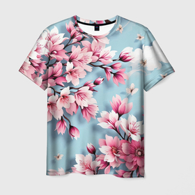 Мужская футболка 3D с принтом Сад цветущей сакуры , 100% полиэфир | прямой крой, круглый вырез горловины, длина до линии бедер | Тематика изображения на принте: 
