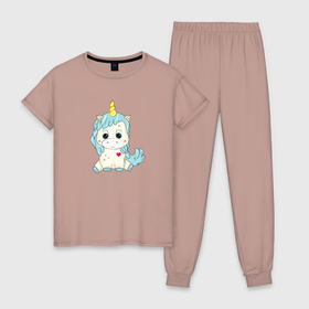 Женская пижама хлопок с принтом Единорог с сердцем в Тюмени, 100% хлопок | брюки и футболка прямого кроя, без карманов, на брюках мягкая резинка на поясе и по низу штанин | 