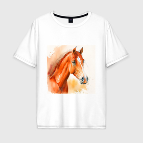 Мужская футболка хлопок Oversize с принтом Акварельный красный конь в Новосибирске, 100% хлопок | свободный крой, круглый ворот, “спинка” длиннее передней части | 