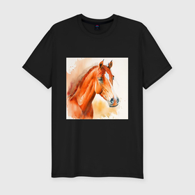 Мужская футболка хлопок Slim с принтом Акварельный красный конь в Новосибирске, 92% хлопок, 8% лайкра | приталенный силуэт, круглый вырез ворота, длина до линии бедра, короткий рукав | 