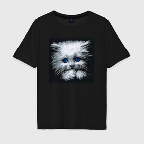 Мужская футболка хлопок Oversize с принтом Милый серый пиксельный котик с голубыми глазами , 100% хлопок | свободный крой, круглый ворот, “спинка” длиннее передней части | Тематика изображения на принте: 
