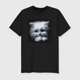 Мужская футболка хлопок Slim с принтом Милый серый пиксельный котик с голубыми глазами в Екатеринбурге, 92% хлопок, 8% лайкра | приталенный силуэт, круглый вырез ворота, длина до линии бедра, короткий рукав | 