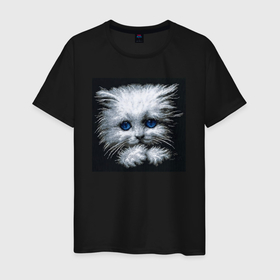 Мужская футболка хлопок с принтом Милый серый пиксельный котик с голубыми глазами в Екатеринбурге, 100% хлопок | прямой крой, круглый вырез горловины, длина до линии бедер, слегка спущенное плечо. | 