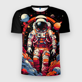Мужская футболка 3D Slim с принтом Астронавт и скопление планет в Новосибирске, 100% полиэстер с улучшенными характеристиками | приталенный силуэт, круглая горловина, широкие плечи, сужается к линии бедра | 