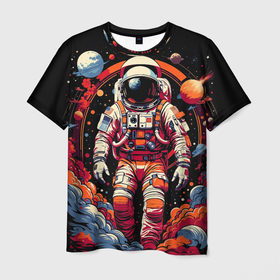 Мужская футболка 3D с принтом Астронавт и скопление планет , 100% полиэфир | прямой крой, круглый вырез горловины, длина до линии бедер | 