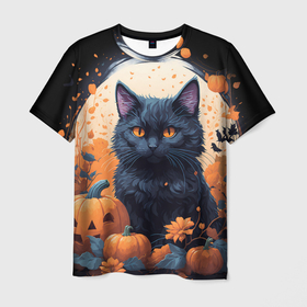 Мужская футболка 3D с принтом Котик и тыквы   хеллоуин в Курске, 100% полиэфир | прямой крой, круглый вырез горловины, длина до линии бедер | 