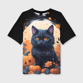 Женская футболка oversize 3D с принтом Котик и тыквы   хеллоуин в Белгороде,  |  | 