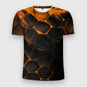 Мужская футболка 3D Slim с принтом Оранжевые  плиты паттерн в Курске, 100% полиэстер с улучшенными характеристиками | приталенный силуэт, круглая горловина, широкие плечи, сужается к линии бедра | 