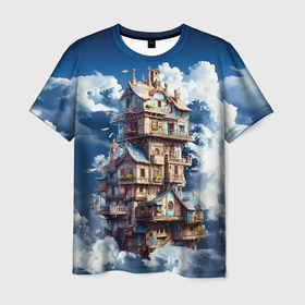 Мужская футболка 3D с принтом Сказочный дом в облаках в Ухте, 100% полиэфир | прямой крой, круглый вырез горловины, длина до линии бедер | Тематика изображения на принте: 