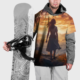 Накидка на куртку 3D с принтом Девушка на фоне заката в Новосибирске, 100% полиэстер |  | Тематика изображения на принте: 