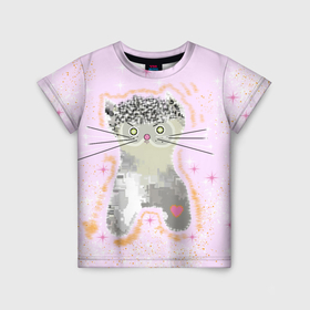 Детская футболка 3D с принтом кот чудик на розовом в Кировске, 100% гипоаллергенный полиэфир | прямой крой, круглый вырез горловины, длина до линии бедер, чуть спущенное плечо, ткань немного тянется | Тематика изображения на принте: 