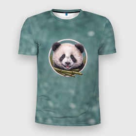 Мужская футболка 3D Slim с принтом Милая мордочка панды с бамбуком в Петрозаводске, 100% полиэстер с улучшенными характеристиками | приталенный силуэт, круглая горловина, широкие плечи, сужается к линии бедра | 