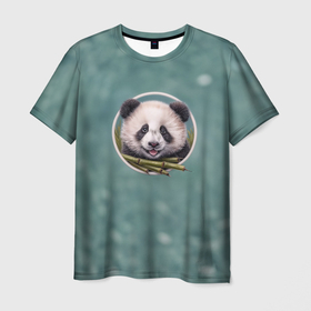 Мужская футболка 3D с принтом Милая мордочка панды с бамбуком в Новосибирске, 100% полиэфир | прямой крой, круглый вырез горловины, длина до линии бедер | 