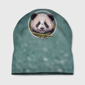 Шапка 3D с принтом Милая мордочка панды с бамбуком в Белгороде, 100% полиэстер | универсальный размер, печать по всей поверхности изделия | 
