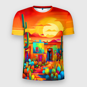 Мужская футболка 3D Slim с принтом Мексиканский янтарный закат в пустыне в Екатеринбурге, 100% полиэстер с улучшенными характеристиками | приталенный силуэт, круглая горловина, широкие плечи, сужается к линии бедра | 