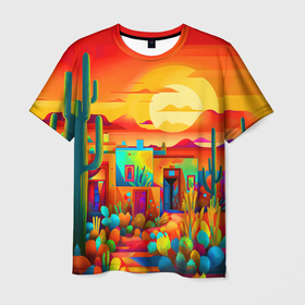 Мужская футболка 3D с принтом Мексиканский янтарный закат в пустыне в Курске, 100% полиэфир | прямой крой, круглый вырез горловины, длина до линии бедер | 