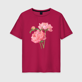 Женская футболка хлопок Oversize с принтом Розовые пионы , цветы с бутоном в Кировске, 100% хлопок | свободный крой, круглый ворот, спущенный рукав, длина до линии бедер
 | 