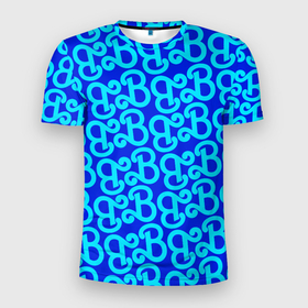 Мужская футболка 3D Slim с принтом Логотип Барби   синий паттерн в Тюмени, 100% полиэстер с улучшенными характеристиками | приталенный силуэт, круглая горловина, широкие плечи, сужается к линии бедра | 