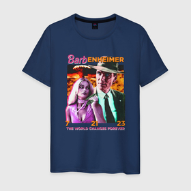 Мужская футболка хлопок с принтом Барби и Оппенгеймер в Санкт-Петербурге, 100% хлопок | прямой крой, круглый вырез горловины, длина до линии бедер, слегка спущенное плечо. | Тематика изображения на принте: 